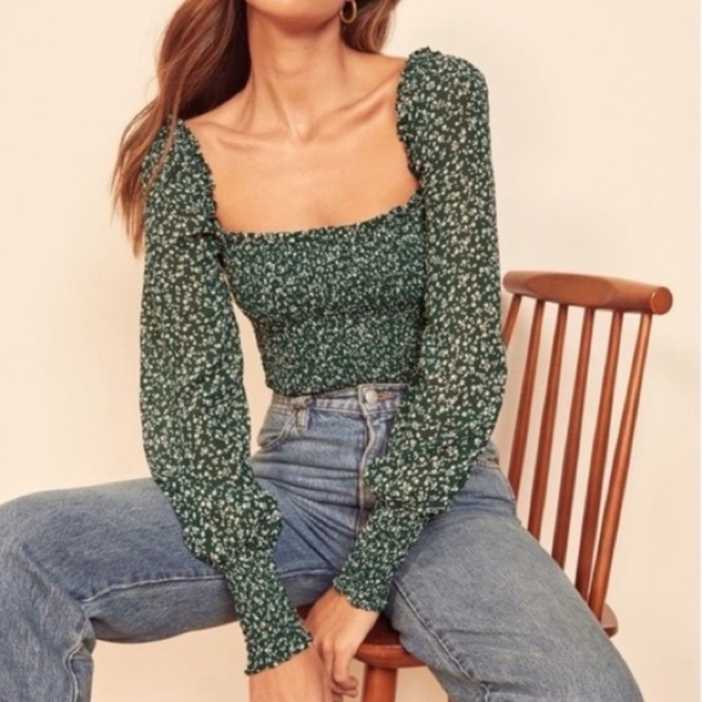 Reformation dark green floral smocked blouse size M